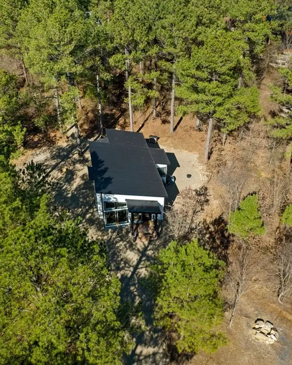 Aerial view of the black cabin alone among tall pine trees
